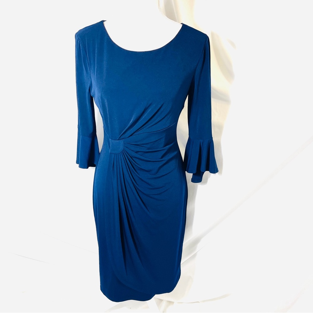 Nordstrom Elegant Navy Blue Ruched Women's Dress With Flare Sleeves/NWT Size 6